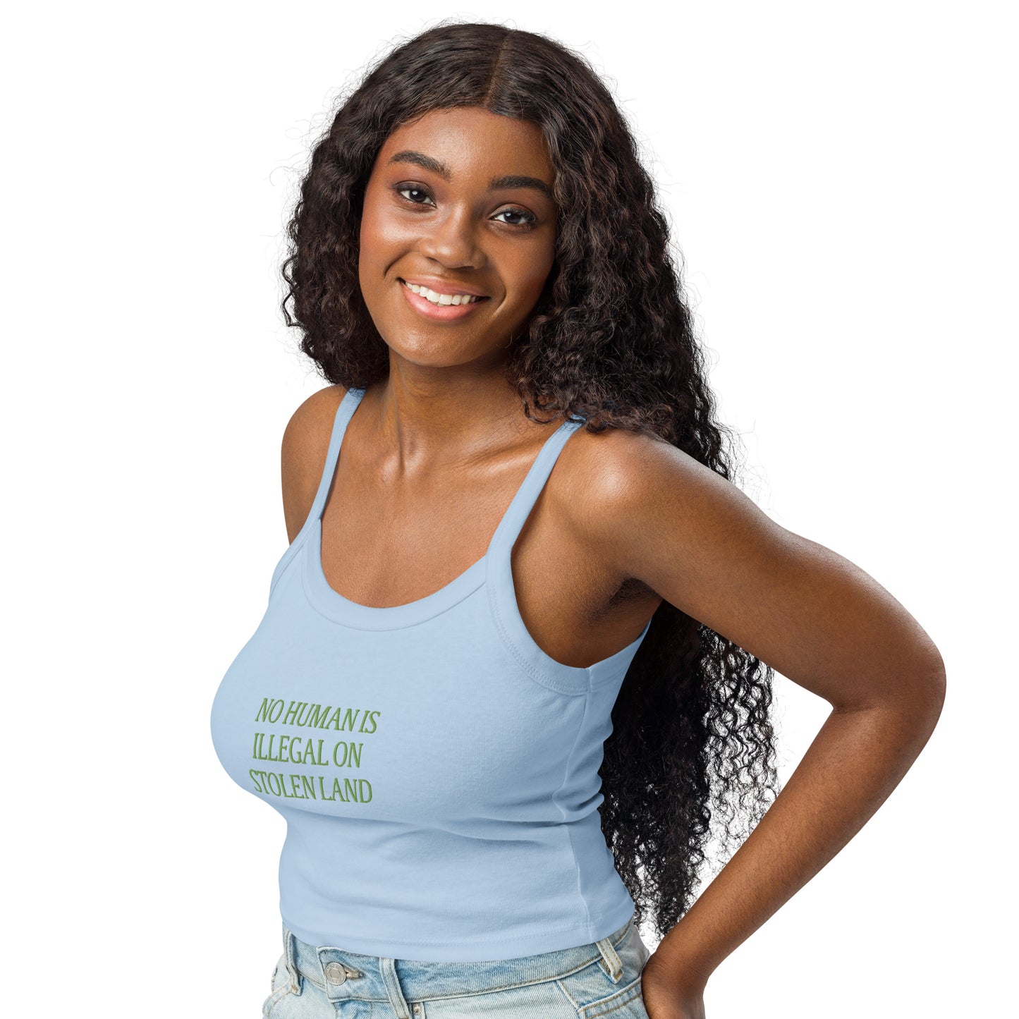 No Human is Illegal on Stolen Land Women’s micro-rib tank top