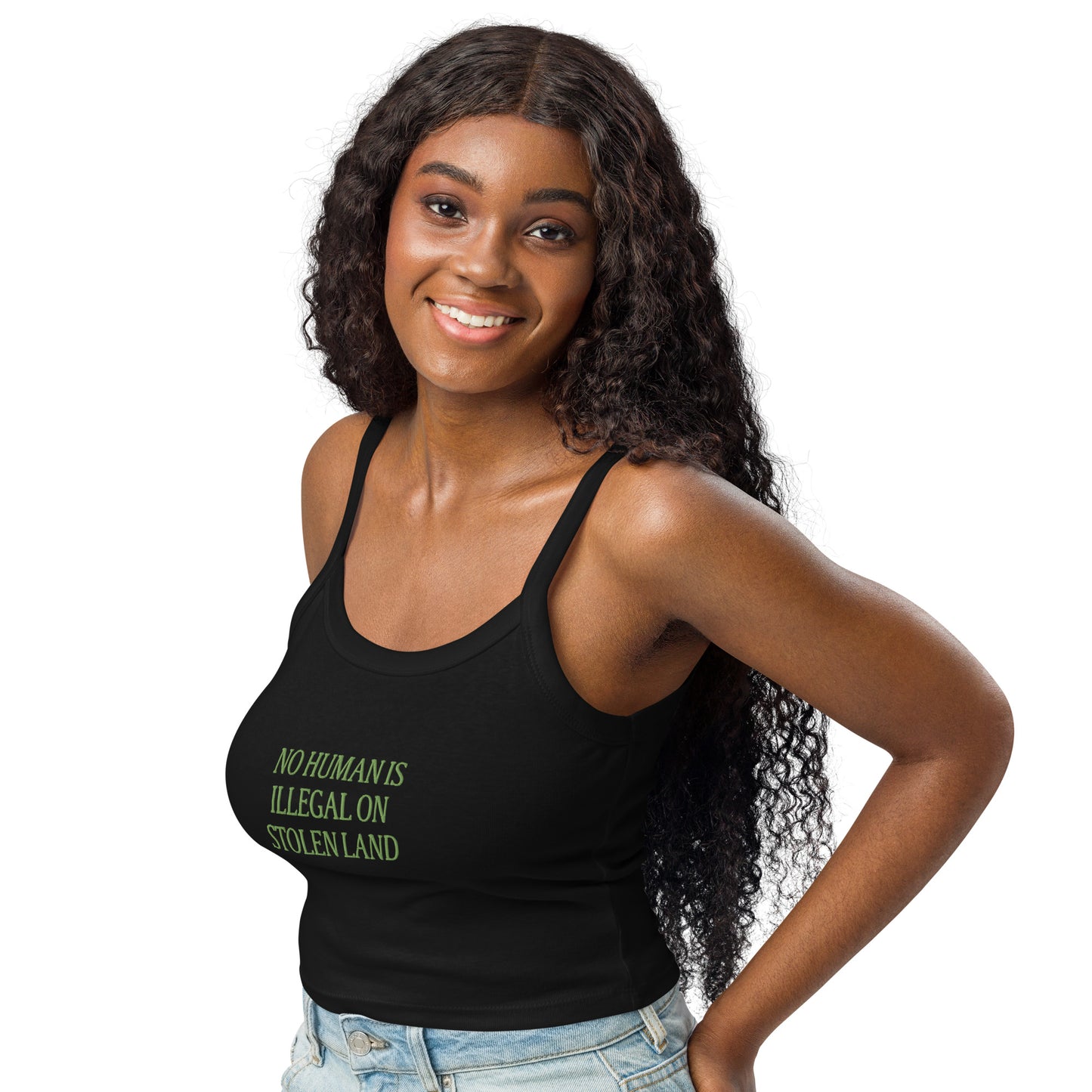 No Human is Illegal on Stolen Land Women’s micro-rib tank top