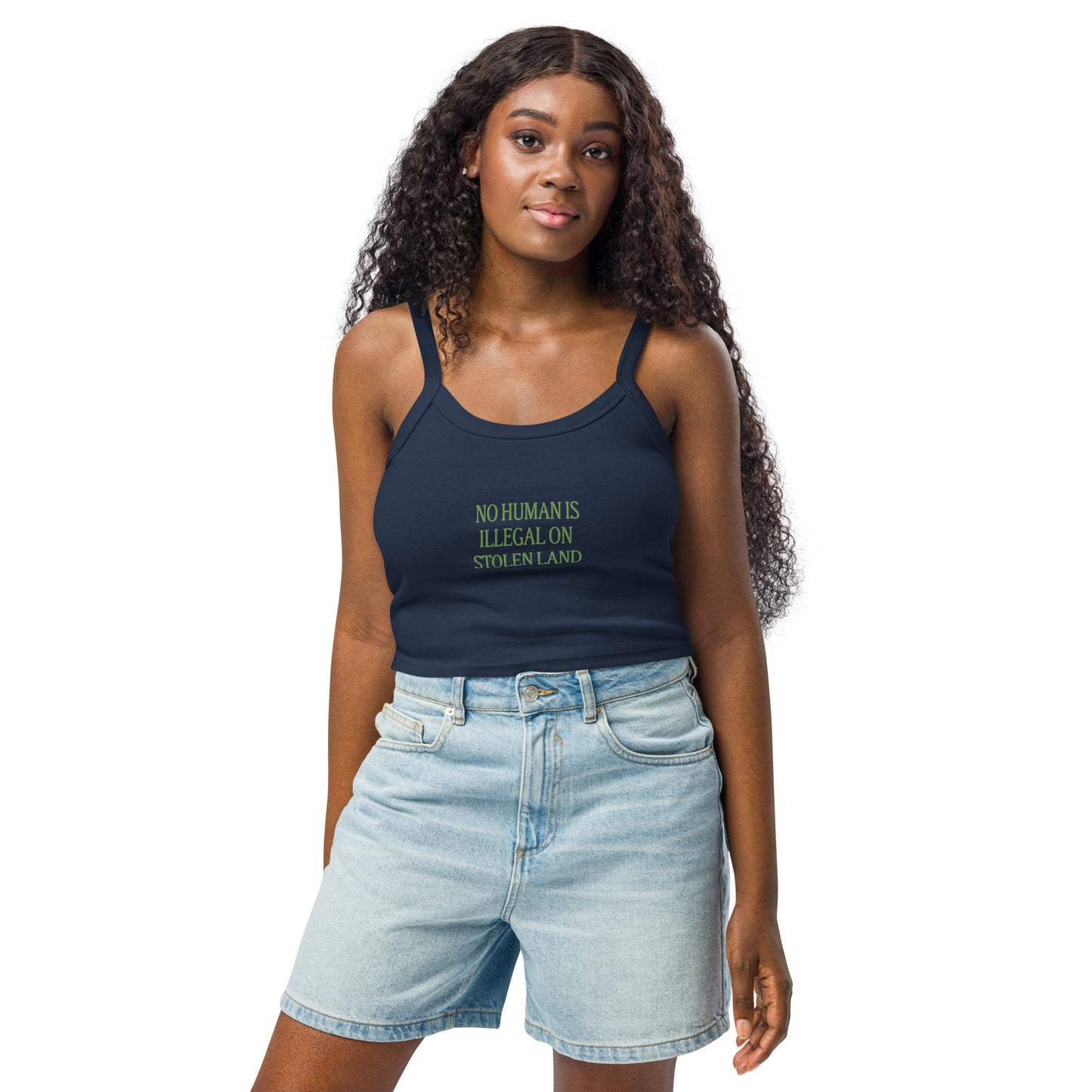 No Human is Illegal on Stolen Land Women’s micro-rib tank top