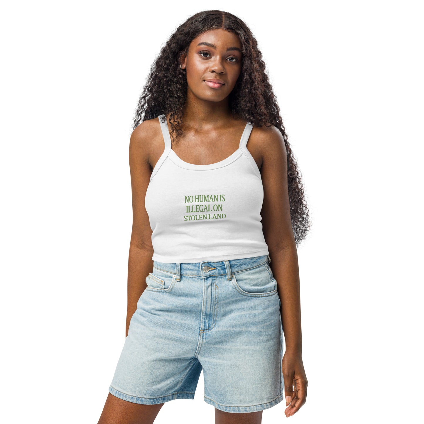 No Human is Illegal on Stolen Land Women’s micro-rib tank top